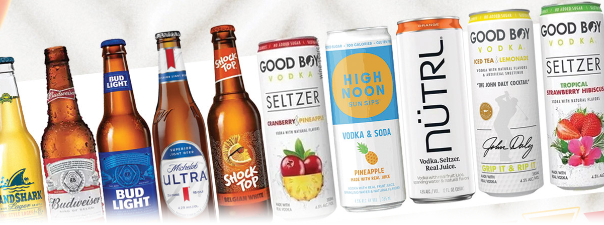 Bottled beer and hard seltzers: Landshark, Budweiser, Bud Light, Michelob Ultra, Shock Top, Good Boy Vodka Seltzers, High Noon and NÜTRL